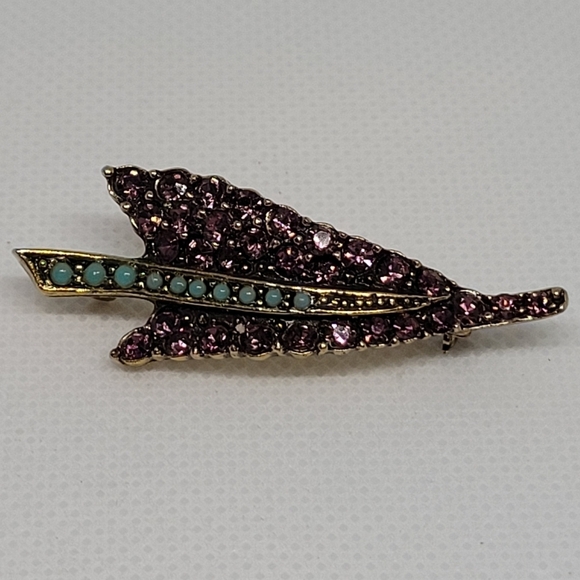 STUNNING Vintage Purple Rhinestone Turquoise Stone Gold Tone Leaf Brooch - Picture 2 of 15